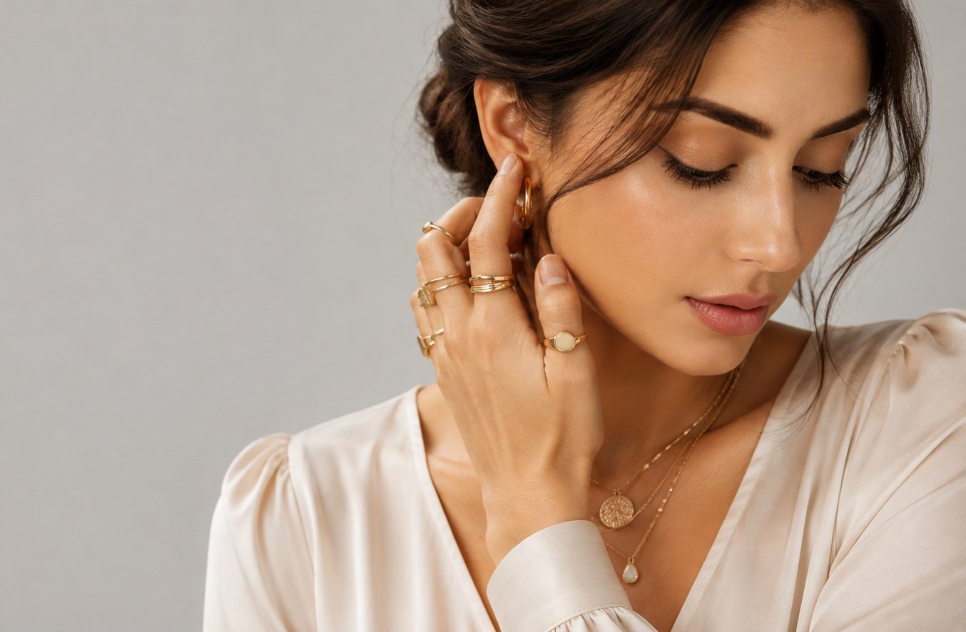 A woman wearing stacked gold rings, a gold hoop earring and layered gold necklaces